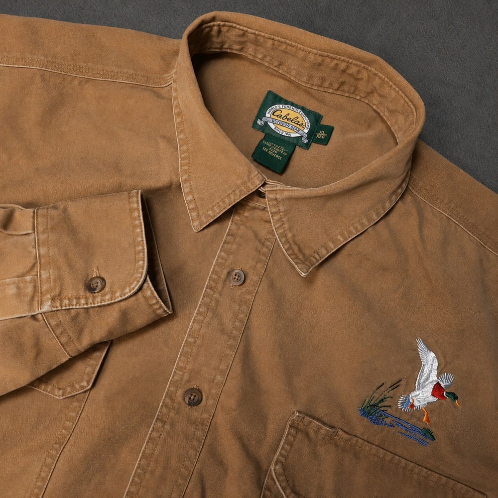 VINTAGE Cabelas Shirt Mens Extra Large Brown Canvas Embroidered Goose Work Y2K